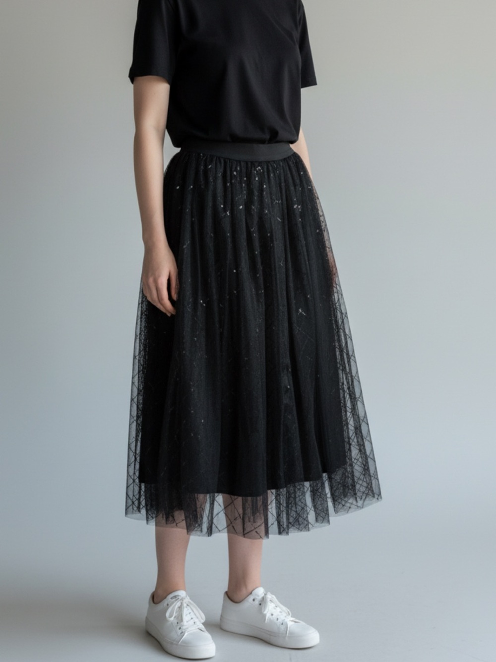 SHEIN Black Sparkle Midi Tulle Skirt